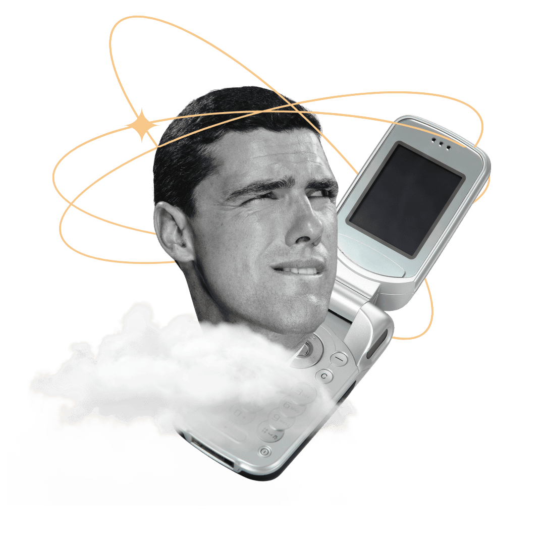 Man with confused expression and old mobile phone with cloud and orbit lines.