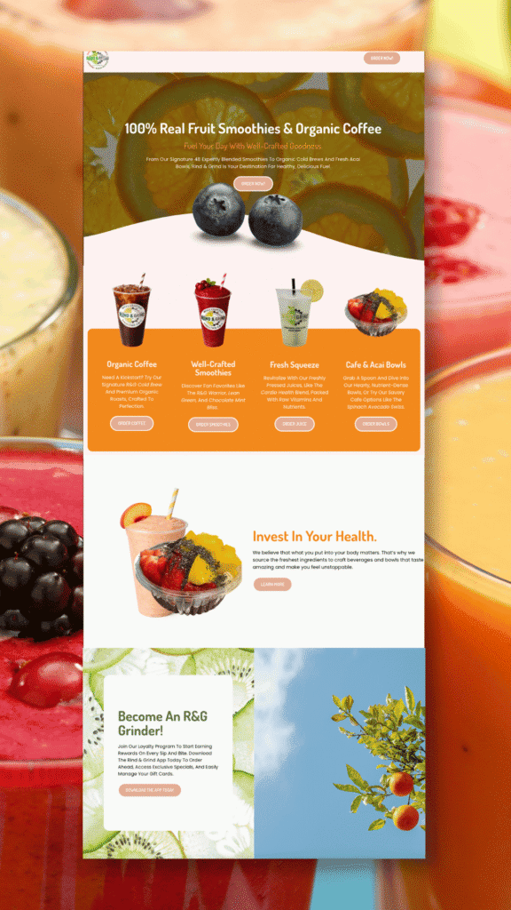 M&P Creative Marketing Agency website homepage showcasing organic smoothies and coffee.