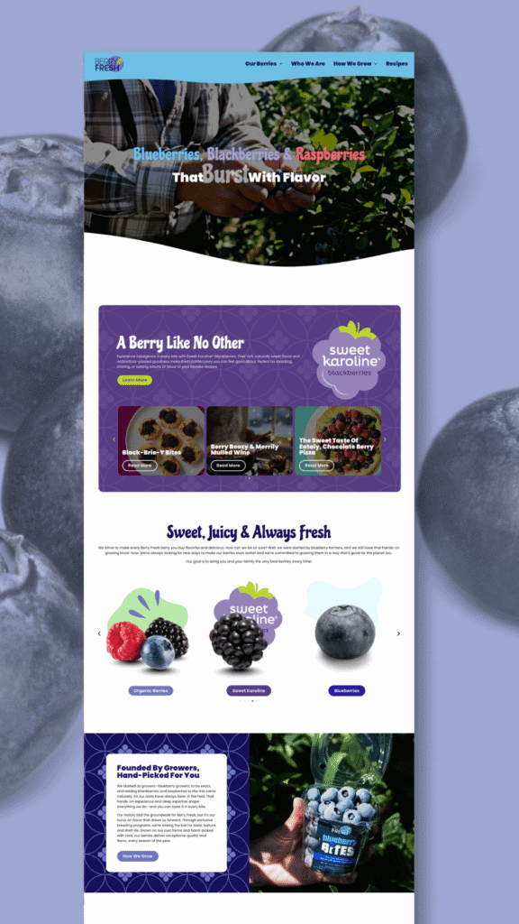M&P Creative Marketing Agency website showcasing fresh berries and fruit products.