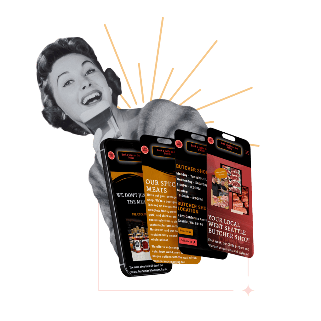 Vintage woman with mobile phones displaying local business ads and marketing content.